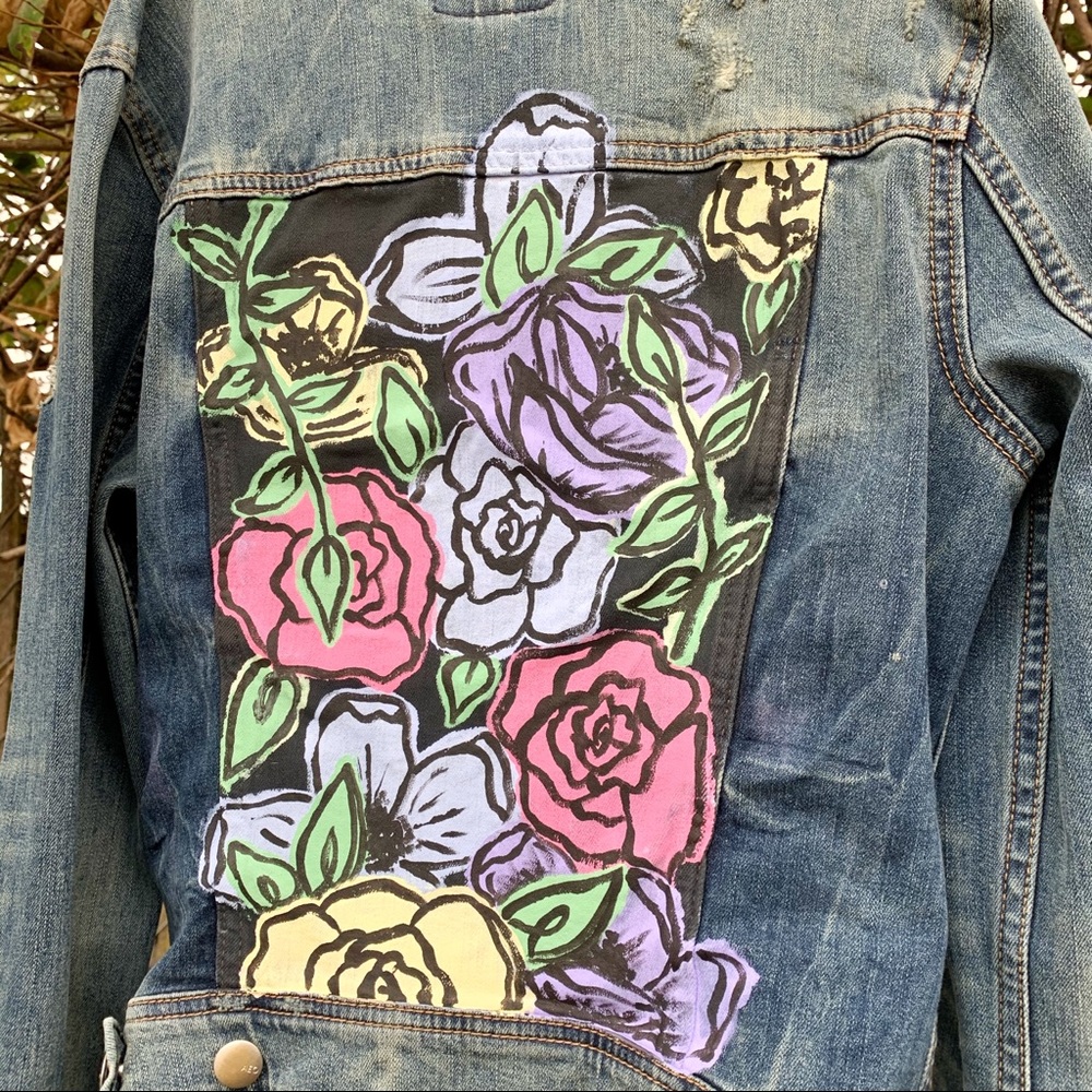 Floral Hand Painted Custom Distressed Denim Jacket